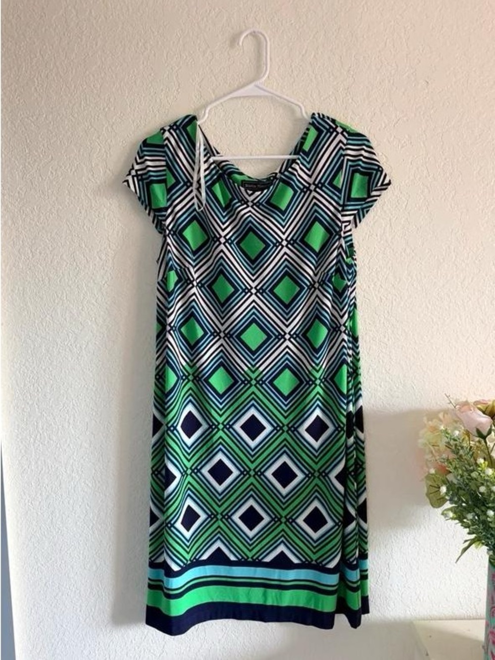 Green Geometric Midi Dress with Navy Accents